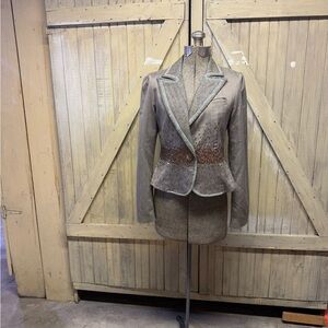True Meaning Elegant Brown and Sage Blazer with Copper Sequin and Gold Thread